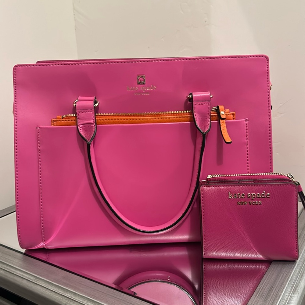 Kate Spade Pink-Orange Mini Bernadine Hadley Street Satchel with matching wallet
